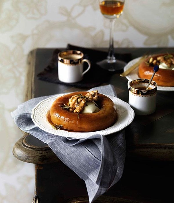 Savarin with goat's curd cream, rosemary honey syrup and walnuts