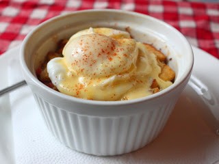 Savory bacon & crab bread pudding eggs Benedict
