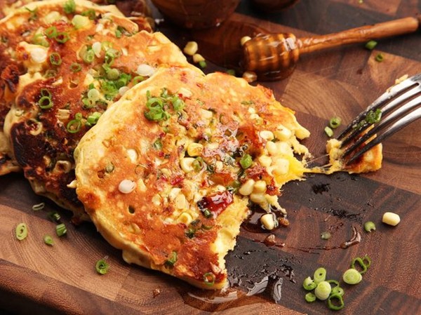 Savory bacon-cheddar pancakes with corn and jalapeño