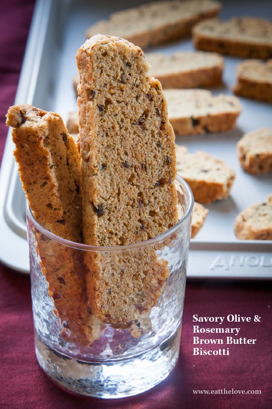 Savory biscotti with olive and rosemary brown butter