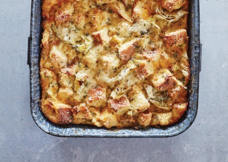 Savory bread pudding with artichokes and two cheeses