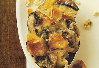 Savory bread pudding with mushrooms and Parmesan cheese