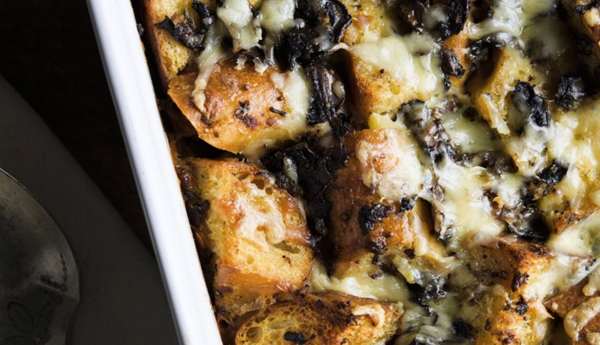 Savory bread pudding with mushrooms and Gruyère