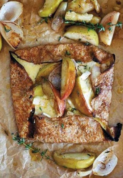 Savory buckwheat flour crepes with leeks, apples, and Pont l'Évêque cheese