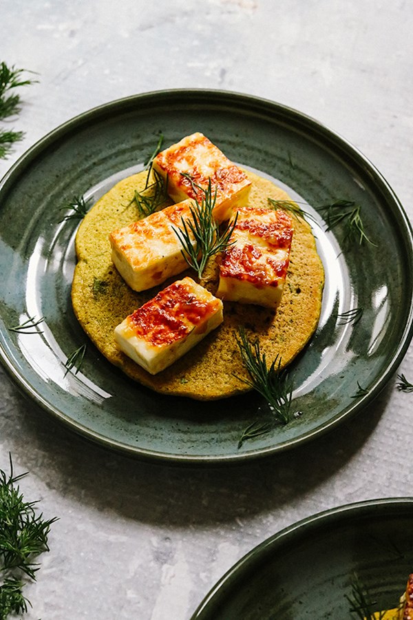 Savory chickpea pancakes with mango paneer
