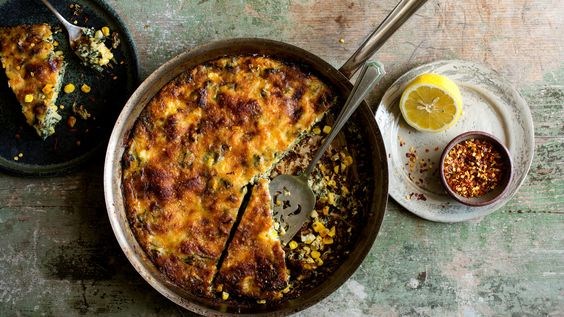 Savory clafoutis with corn and Swiss chard
