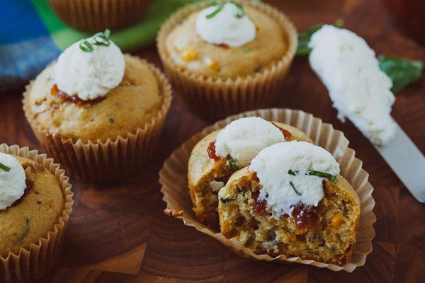 Savory corn and basil muffins with ricotta and tomato jam