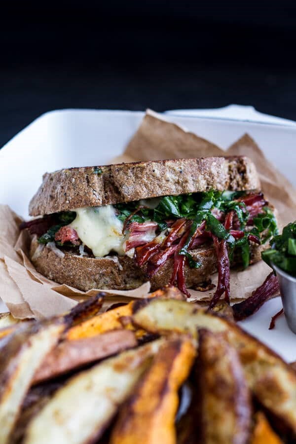 Savory corn beef brisket + Irish cheddar French toast with kale pesto slaw