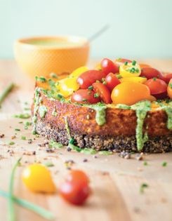Savory corn cheesecake with cilantro-pepita dressing