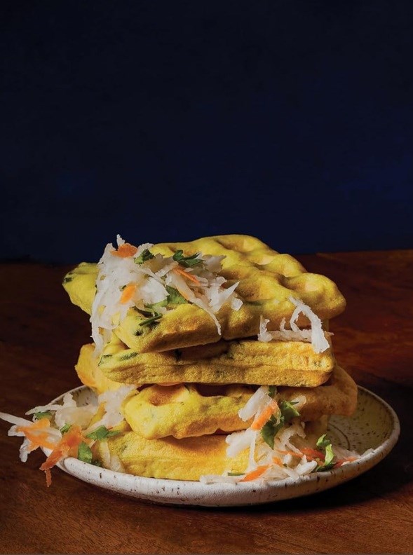 Savory dal waffles with radish salad and chutneys (Ram laddoo waffle chaat)