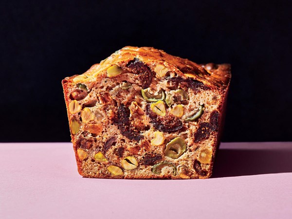 Savory fig, olive, and pistachio fruitcake