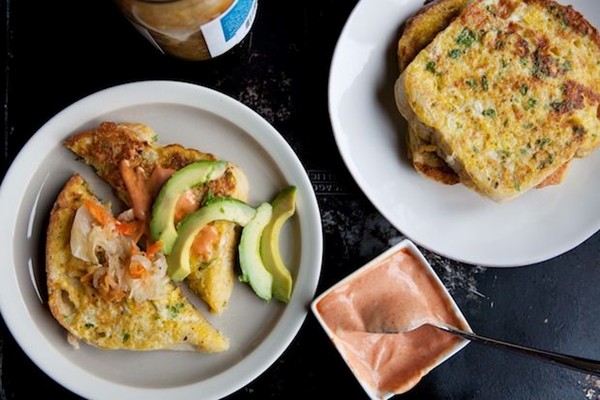 Savory French toast with kimchi and pink sauce