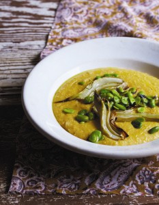Savory grits with sautéed broad beans, roasted fennel, and thyme