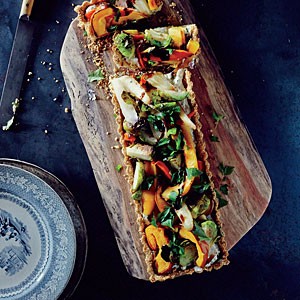 Savory harvest vegetable tart with toasted quinoa crust