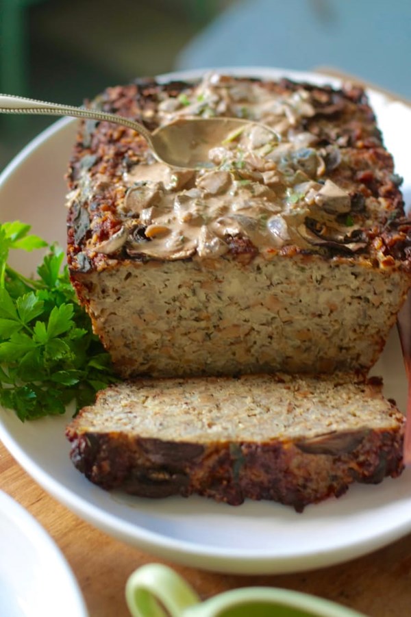 Savory hazelnut and cauliflower nut loaf with mushroom sauce