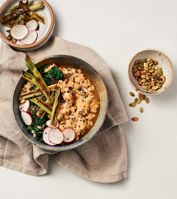 Savory miso oat bowls with charred scallions