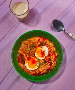 Savory morning oats with jammy eggs and pork floss