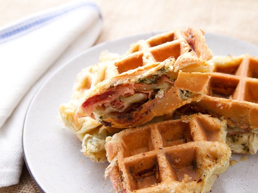 Savory mortadella, garlic, and caper puff-pastry waffle