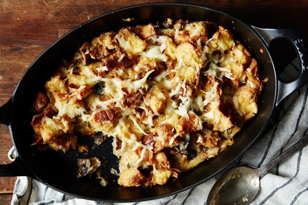 Savory mushroom bread pudding