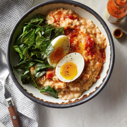 Savory oatmeal with cheddar, collards & eggs