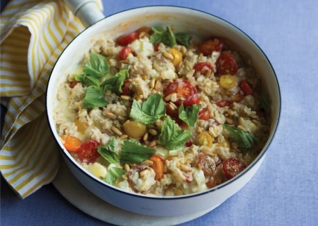 Savory oats with Brie and cherry tomatoes