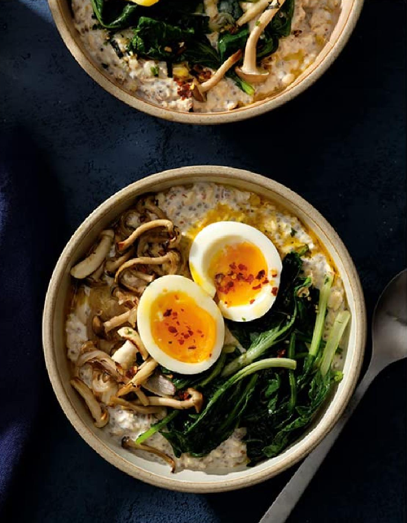 Savory overnight oats with soy-marinated eggs
