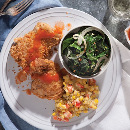 Savory pan-fried chicken with hot sauce