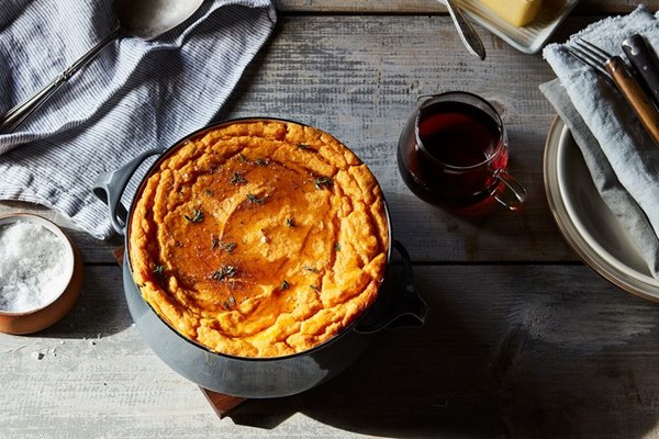 Savory pear, sweet potato, and maple syrup soufflé