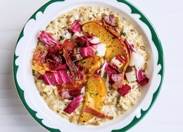 Savory porridge with pickled radicchio and roasted apples