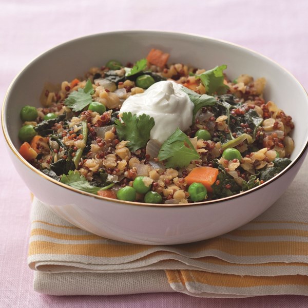 Savory red lentil, quinoa, and vegetable stew