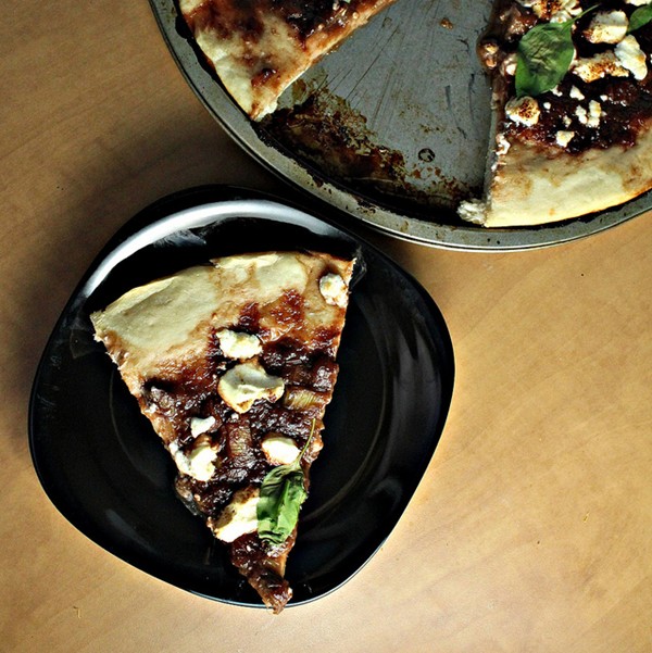 Savory rhubarb and chipotle goat cheese pizza