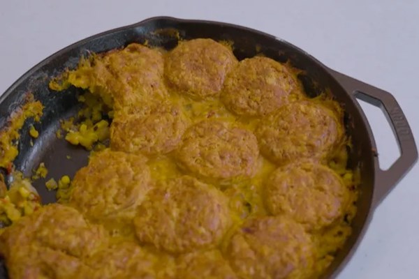 Savory skillet cobbler with cheddar biscuit topping