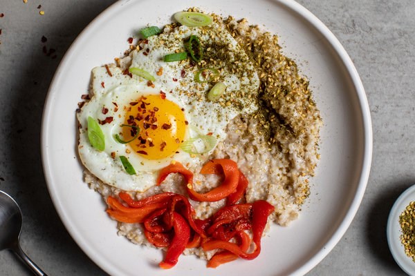 Savory steel-cut oats with fried egg and za’atar