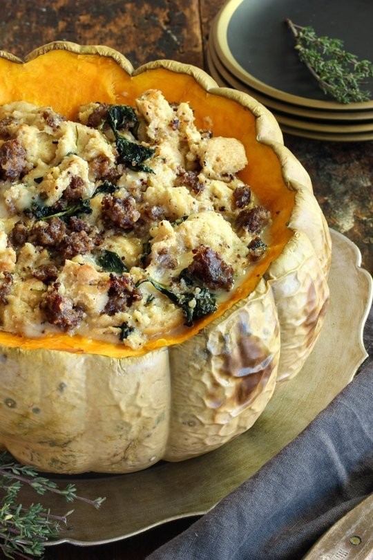 Savory stuffed pumpkin with sausage and Gruyère