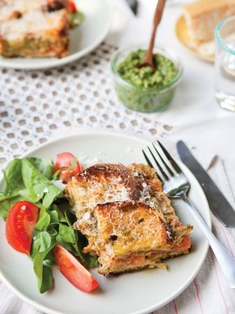 Savory tomato and pesto bread pudding