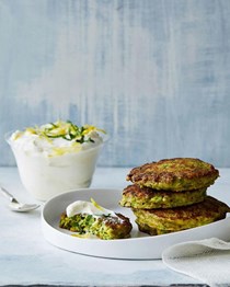Savory turmeric pancakes with lemon yogurt sauce