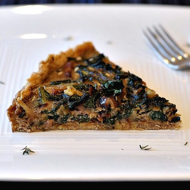 Savory yet sweet bacon, chard, and walnut tart
