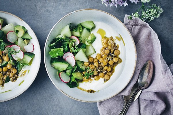 Savory yogurt bowl with spicy chickpeas & cucumber salad