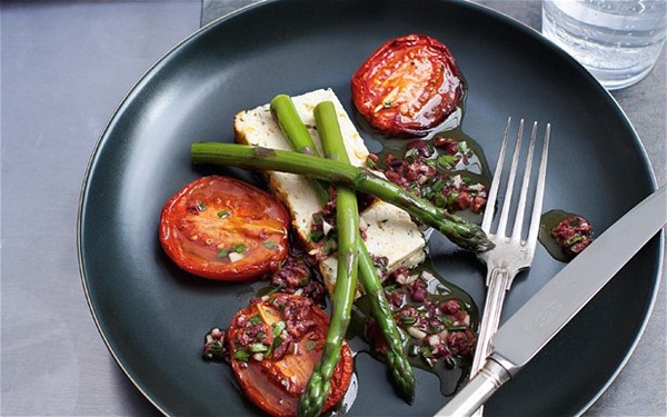 Savoury baked ricotta with asparagus, roast tomatoes and black-olive dressing