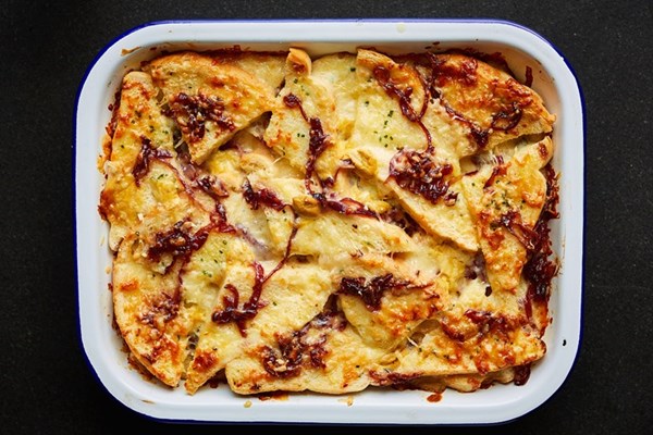  Savoury cheese and onion bread and butter pudding