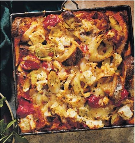 Savoury cheese, leek & tomato bread pudding