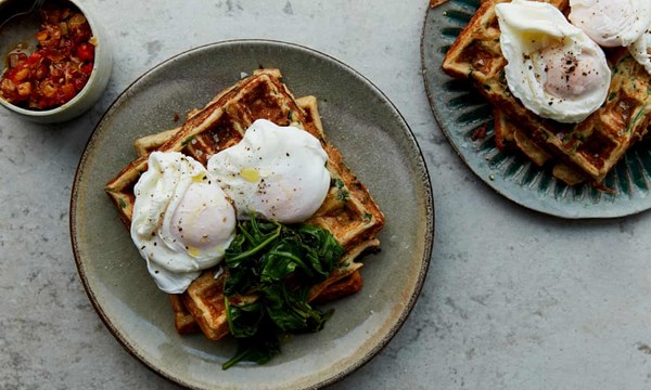Savoury cream cheese waffles with spinach