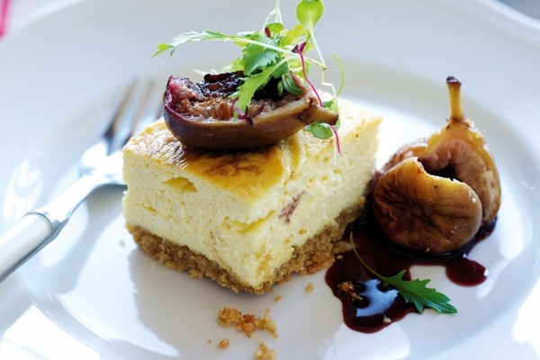 Savoury Gorgonzola cheesecake with Barolo-poached figs
