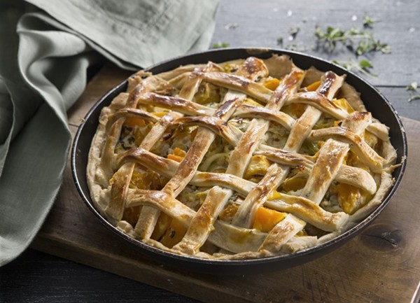 Savoury lattice pie, with butternut squash, leek, lemon and ricotta