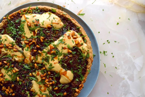 Savoury mince and tahini tart