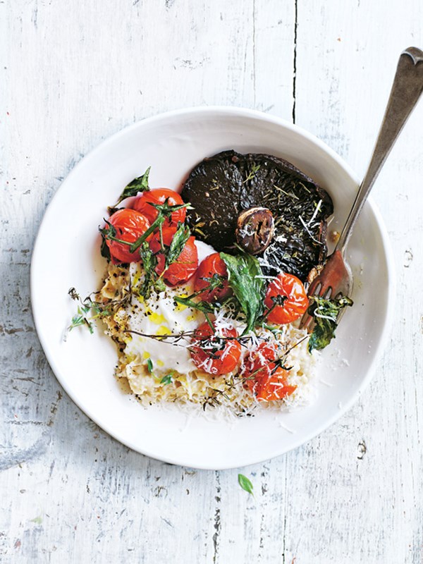 Savoury oats with roast thyme mushrooms