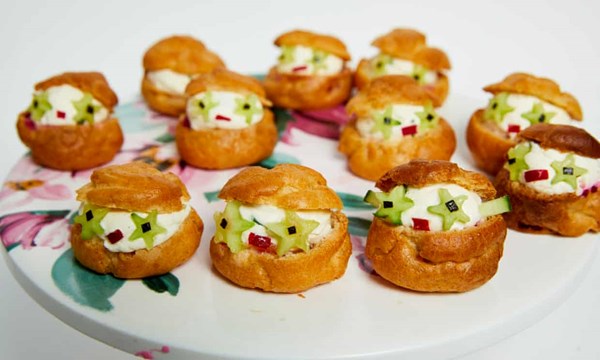 Savoury spicy beetroot, salmon and chive cheese choux people