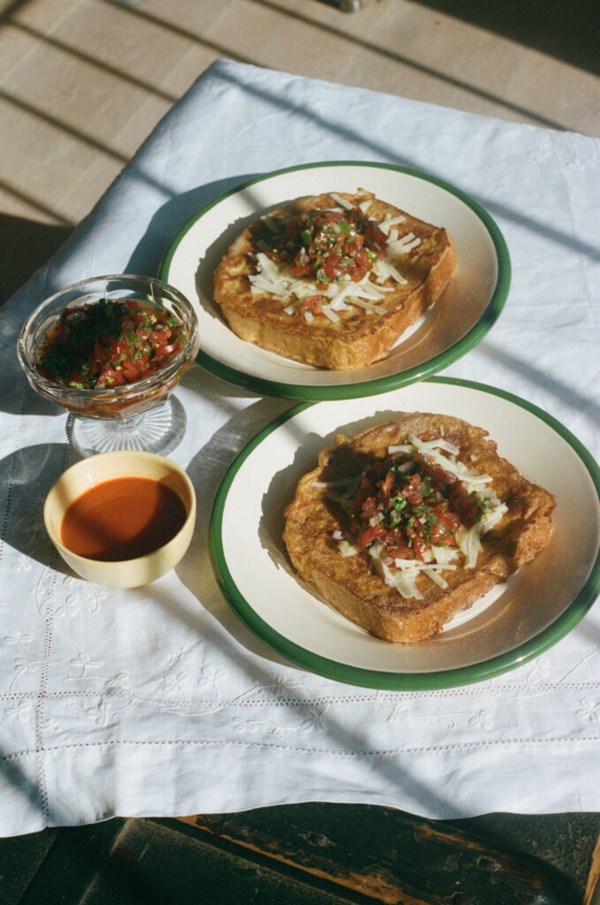 Savoury sweetcorn French toast with cherry tomato salsa