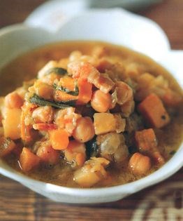 Savoy cabbage, bacon, parsnip, kumara and chickpea soup