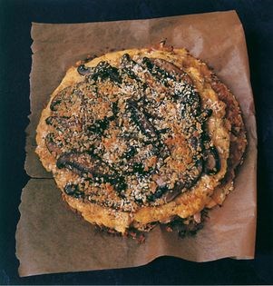 Savoy cabbage, mushroom and blue cheese polenta bake
